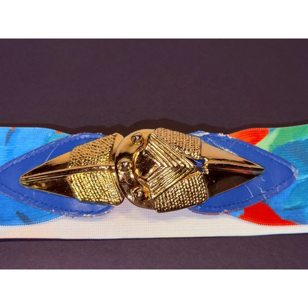 Vintage‎ 80's Tropical Floral Elastic Cinch Belt Gold Buckle XL Made in USA